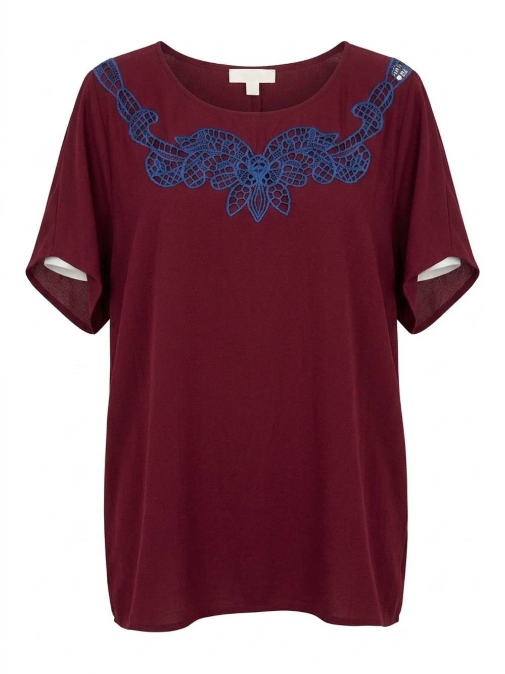 Umgee Burgundy Short Sleeve Top with Navy Crochet Yoke